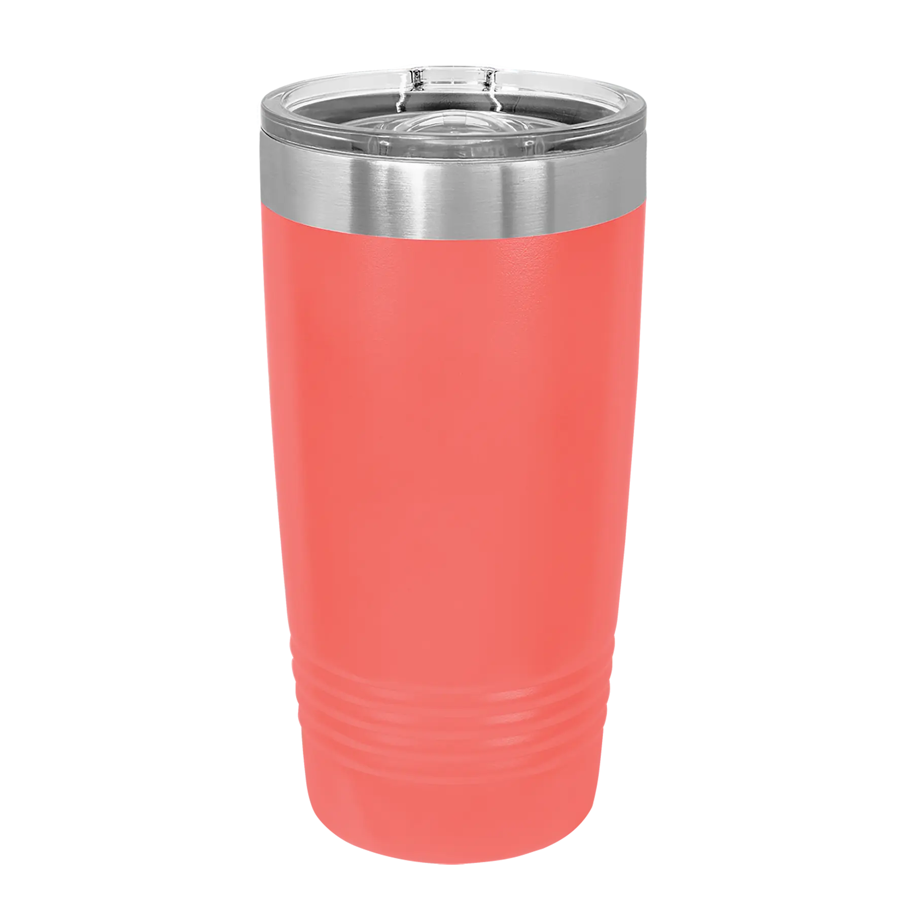 Back of coral Polar Camel 20 oz vacuum insulated tumbler with sliding lid