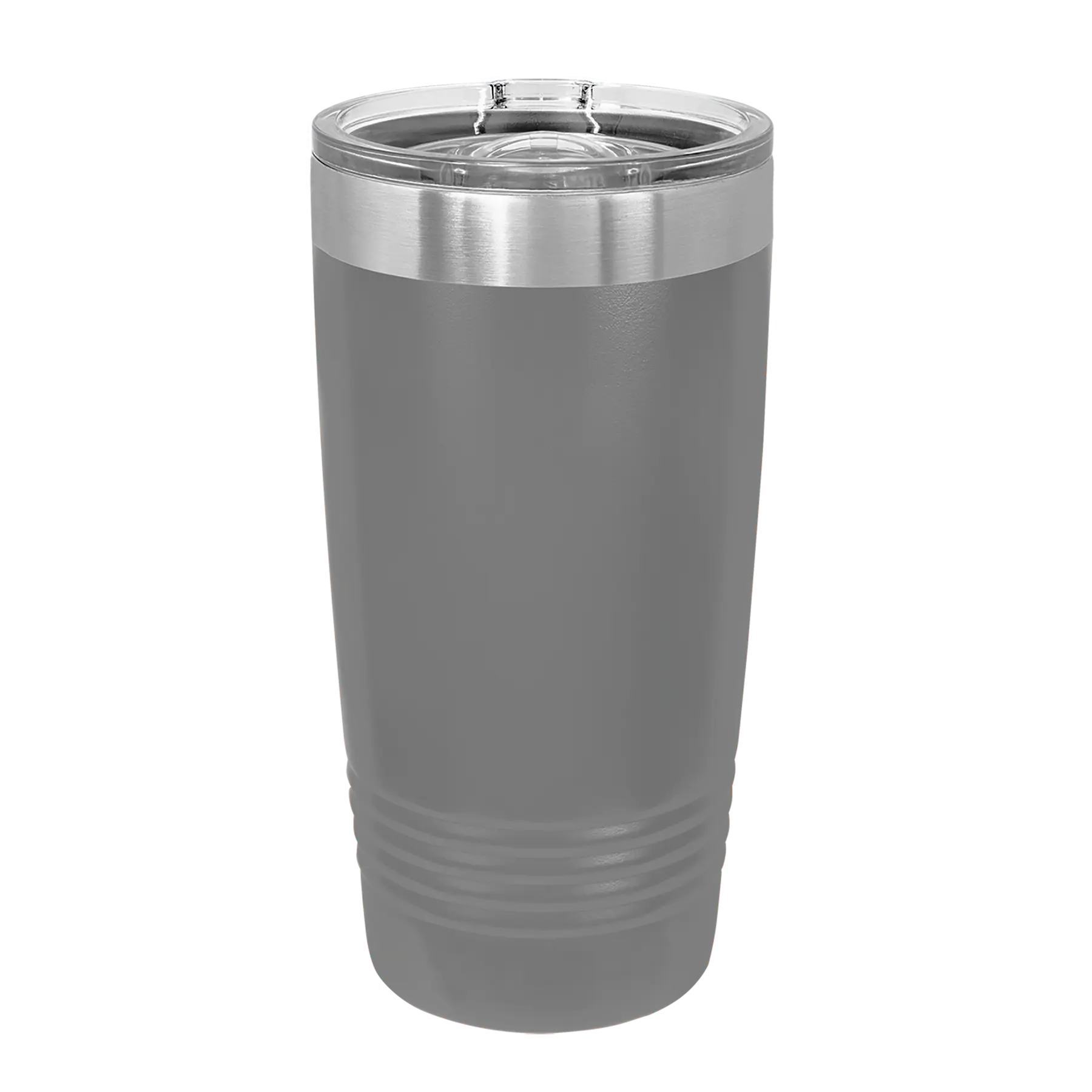 Back of dark gray Polar Camel 20 oz vacuum insulated tumbler with sliding lid
