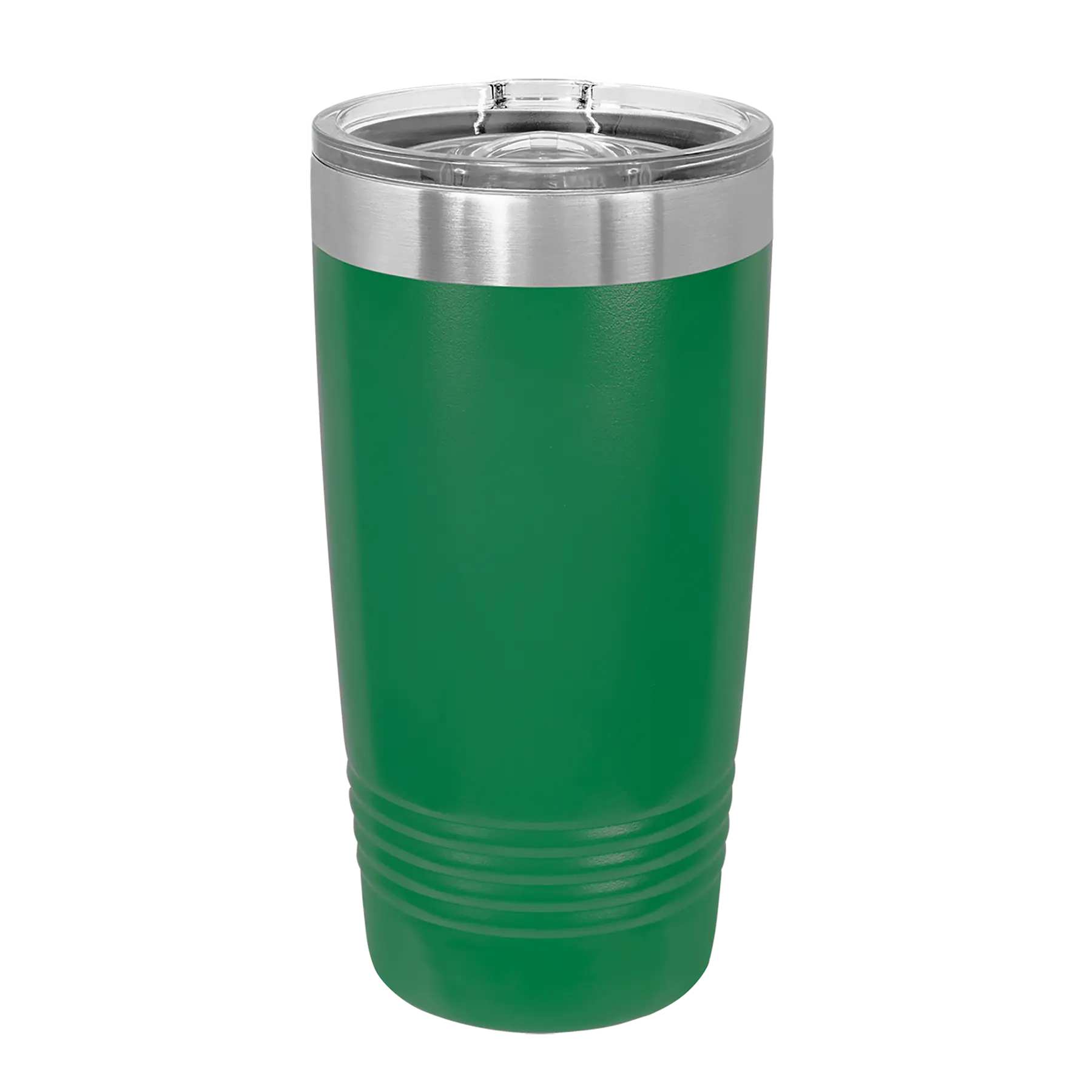 Back of green Polar Camel 20 oz vacuum insulated tumbler with sliding lid
