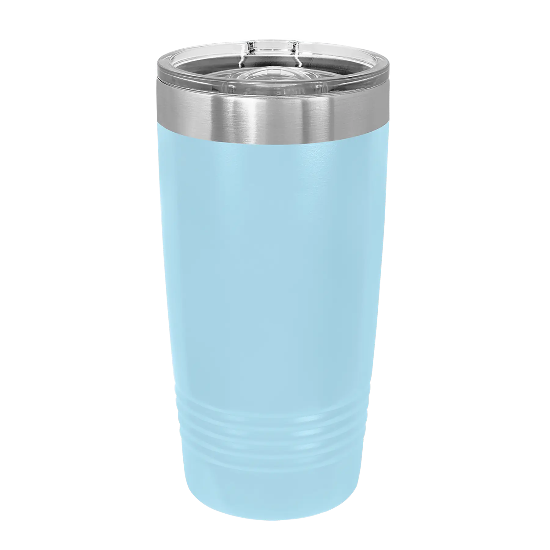 Back of light blue Polar Camel 20 oz vacuum insulated tumbler with sliding lid
