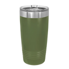 Back of olive green Polar Camel 20 oz vacuum insulated tumbler with sliding lid