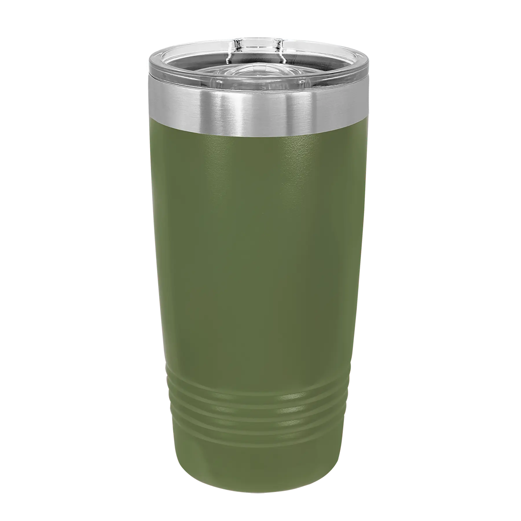Back of olive green Polar Camel 20 oz vacuum insulated tumbler with sliding lid