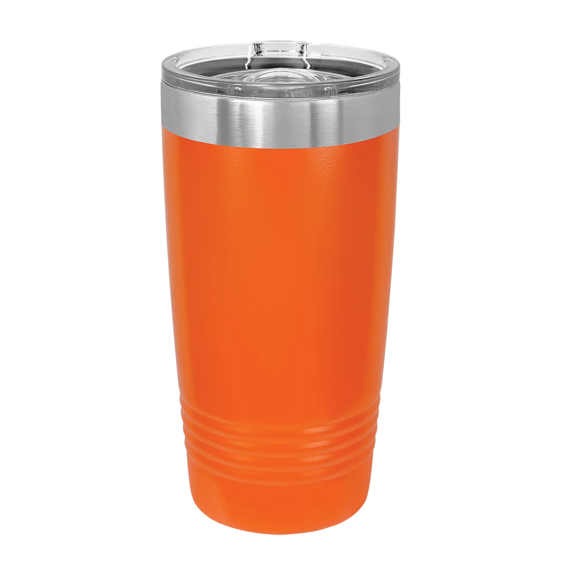 Back of orange Polar Camel 20 oz vacuum insulated tumbler with sliding lid