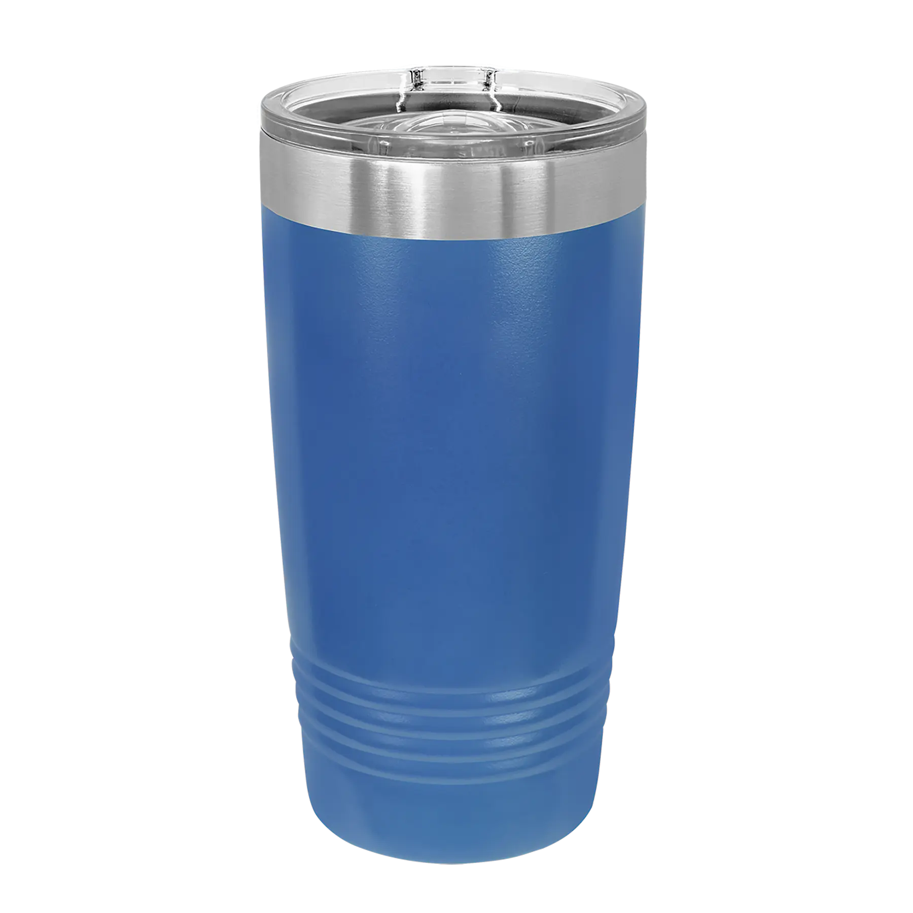 Back of royal blue Polar Camel 20 oz vacuum insulated tumbler with sliding lid