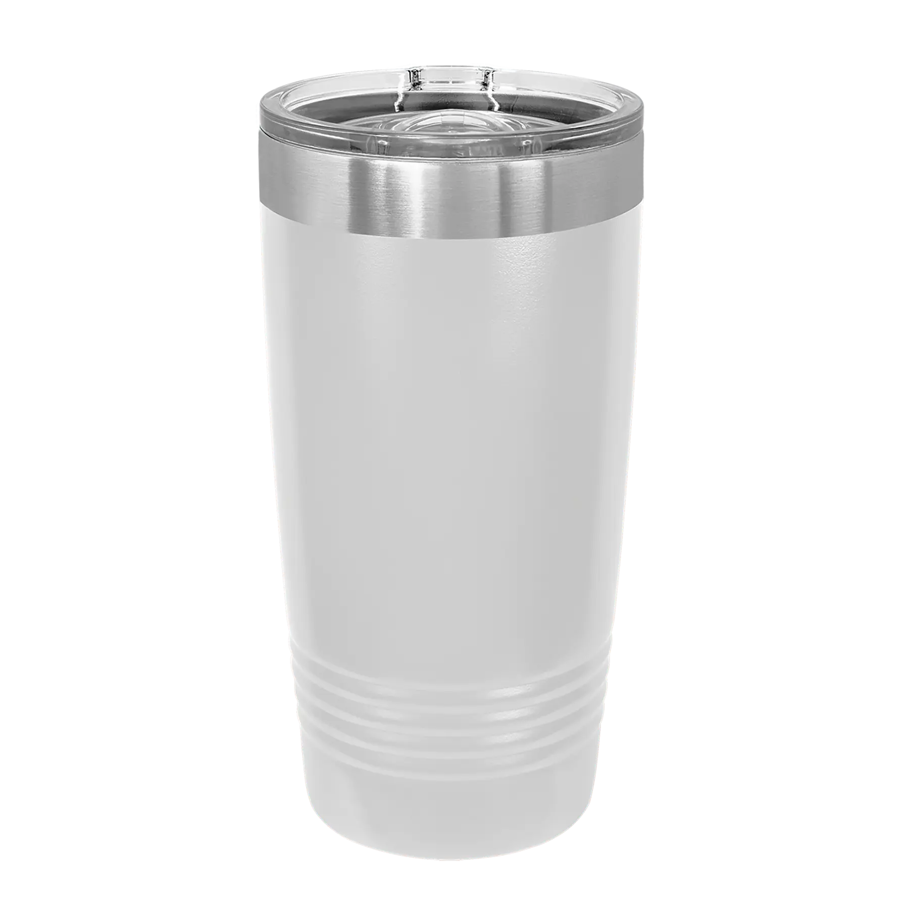 Back of white Polar Camel 20 oz vacuum insulated tumbler with sliding lid