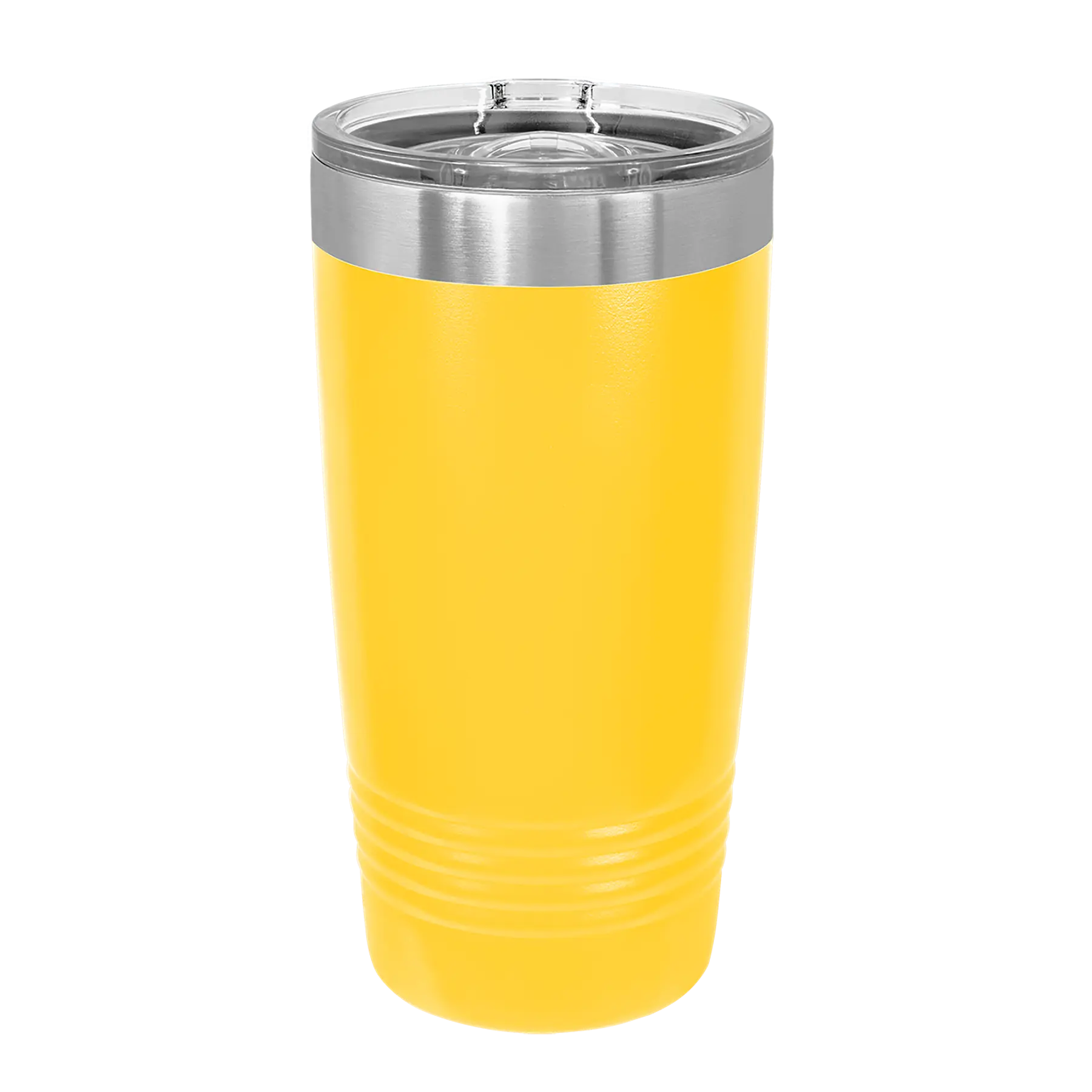 Back of yellow Polar Camel 20 oz vacuum insulated tumbler with sliding lid