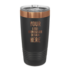 Personalized black with rose gold Polar Camel 20 oz vacuum insulated tumbler with custom laser engraved logo, monogram, or design, includes sliding lid