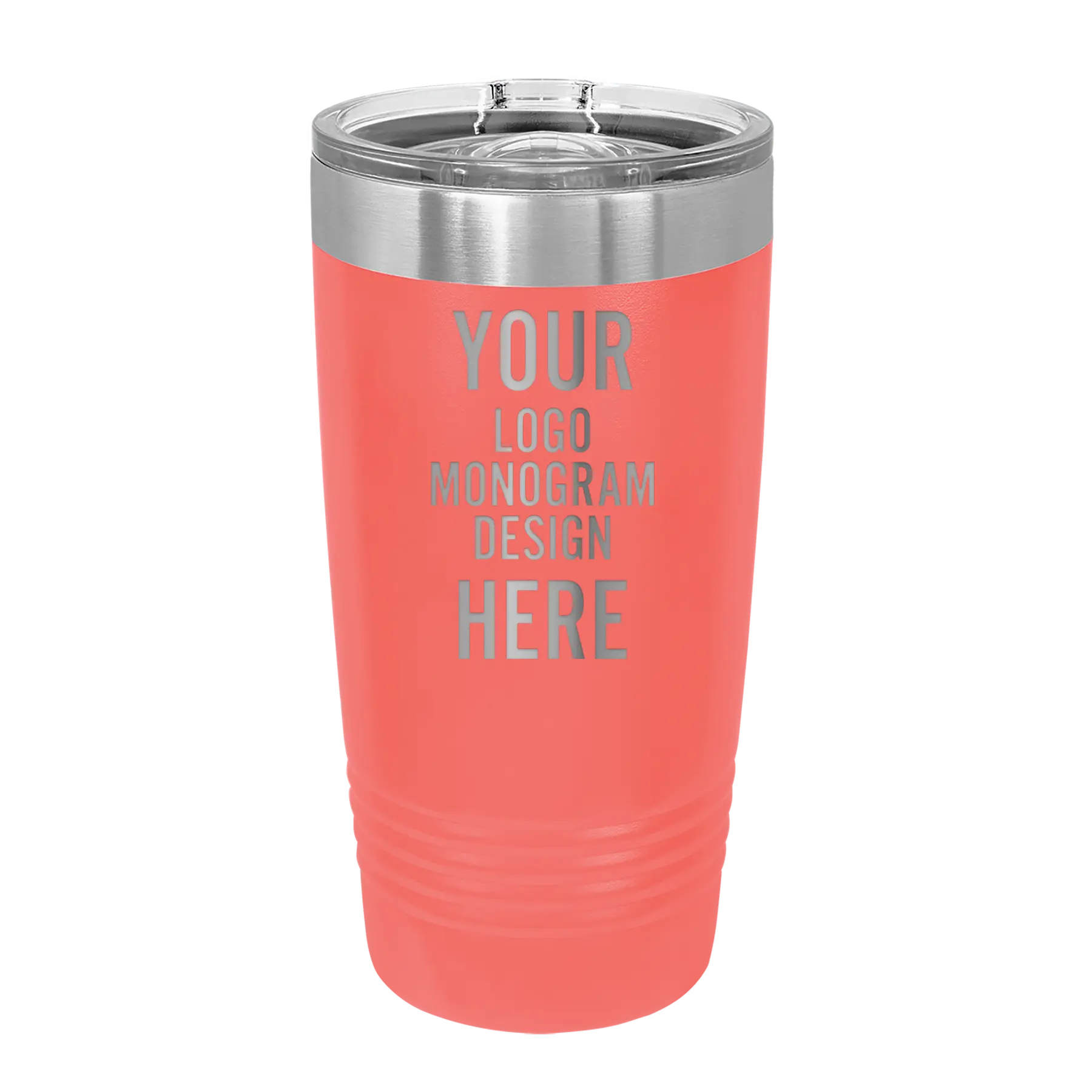 Personalized coral Polar Camel 20 oz vacuum insulated tumbler with custom laser engraved logo, monogram, or design, includes sliding lid