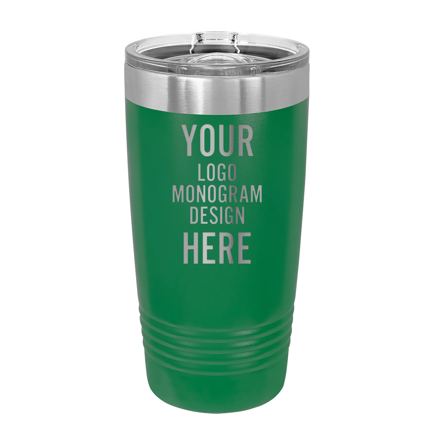 Personalized green Polar Camel 20 oz vacuum insulated tumbler with custom laser engraved logo, monogram, or design, includes sliding lid