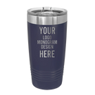 Personalized navy Polar Camel 20 oz vacuum insulated tumbler with custom laser engraved logo, monogram, or design, includes sliding lid