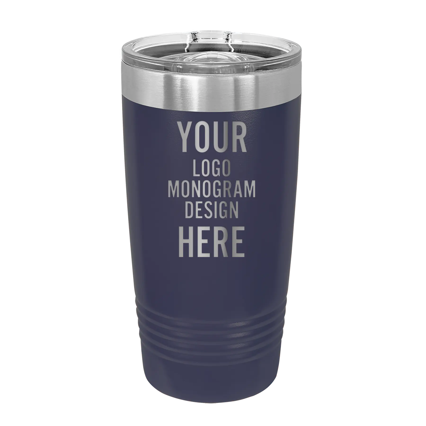 Personalized navy Polar Camel 20 oz vacuum insulated tumbler with custom laser engraved logo, monogram, or design, includes sliding lid