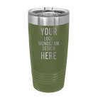 Personalized olive green Polar Camel 20 oz vacuum insulated tumbler with custom laser engraved logo, monogram, or design, includes sliding lid