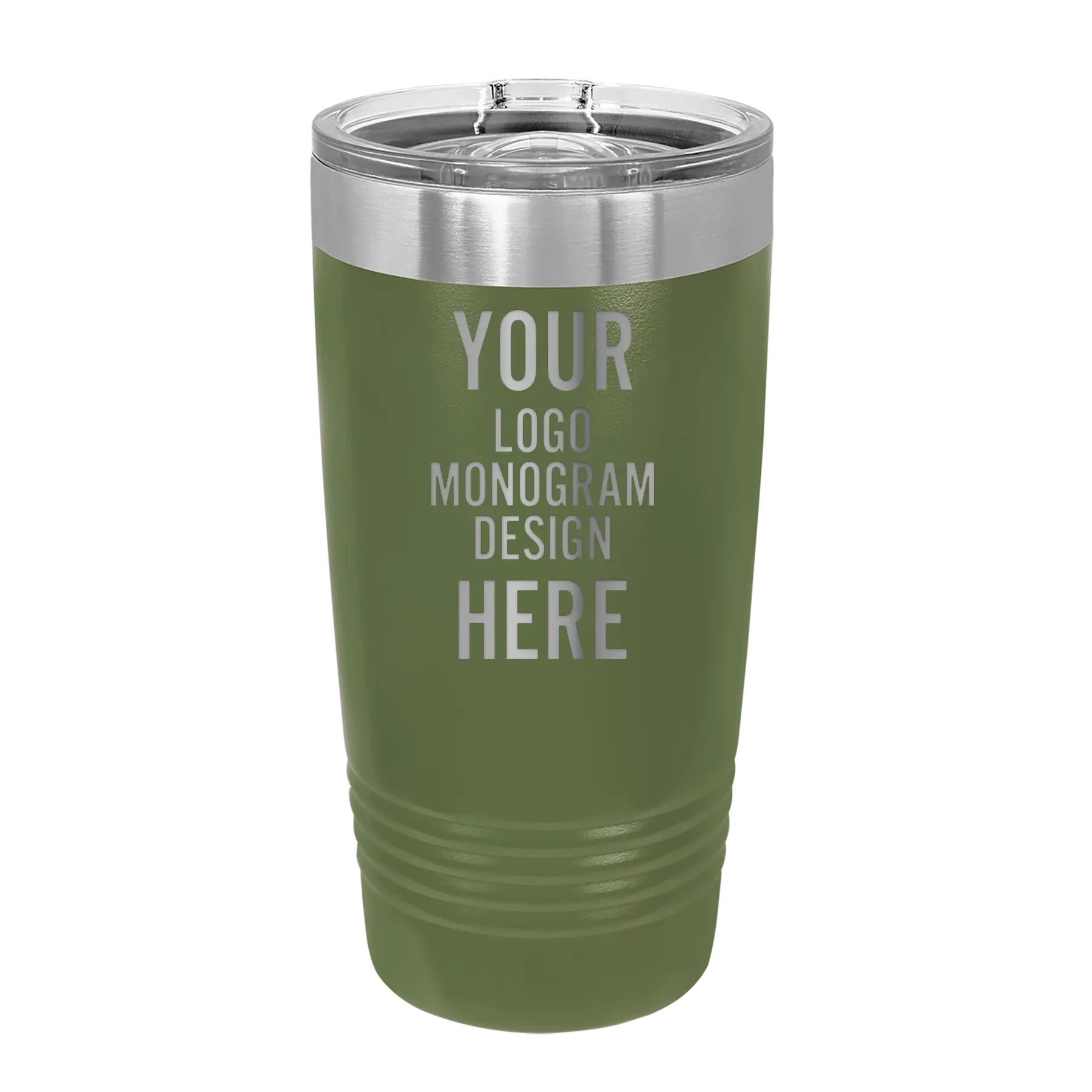 Personalized olive green Polar Camel 20 oz vacuum insulated tumbler with custom laser engraved logo, monogram, or design, includes sliding lid