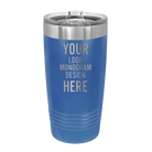 Personalized royal blue Polar Camel 20 oz vacuum insulated tumbler with custom laser engraved logo, monogram, or design, includes sliding lid