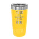 Personalized yellow Polar Camel 20 oz vacuum insulated tumbler with custom laser engraved logo, monogram, or design, includes sliding lid