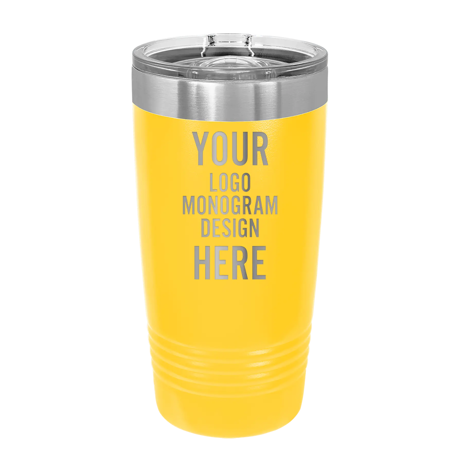 Personalized yellow Polar Camel 20 oz vacuum insulated tumbler with custom laser engraved logo, monogram, or design, includes sliding lid