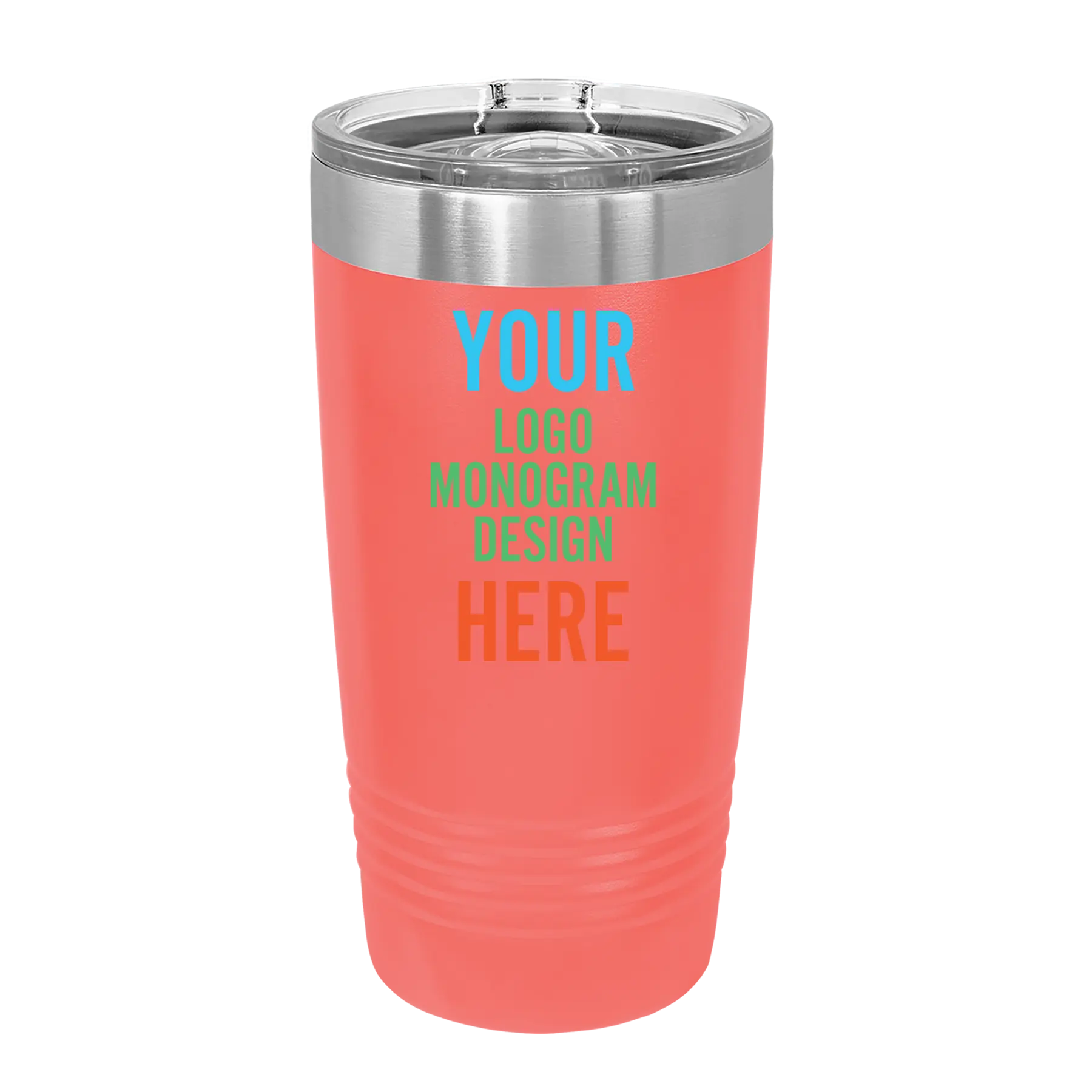 Personalized coral Polar Camel 20 oz vacuum insulated tumbler with custom UV full color printed logo, monogram, or design, includes sliding lid