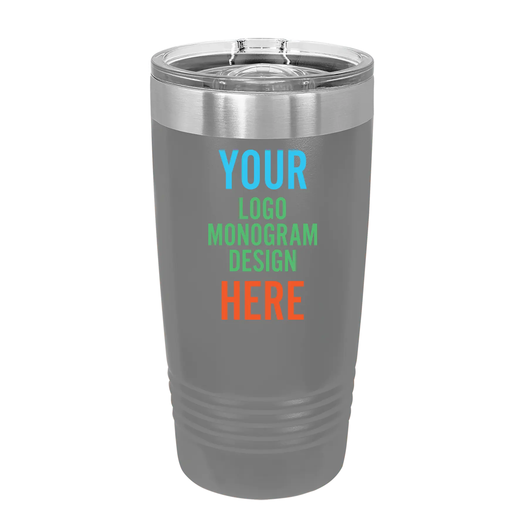 Personalized dark gray Polar Camel 20 oz vacuum insulated tumbler with custom UV full color printed logo, monogram, or design, includes sliding lid