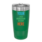 Personalized green Polar Camel 20 oz vacuum insulated tumbler with custom UV full color printed logo, monogram, or design, includes sliding lid