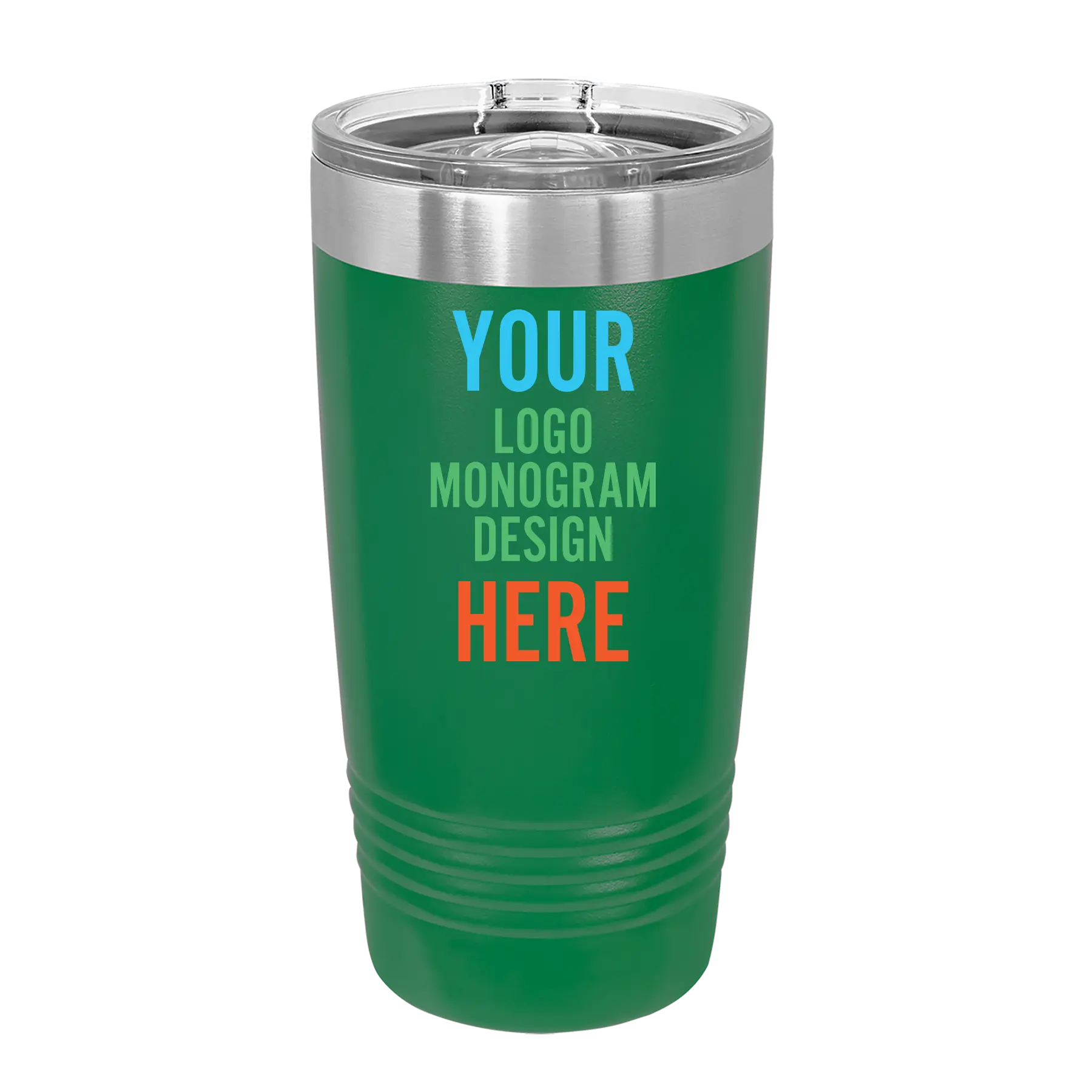 Personalized green Polar Camel 20 oz vacuum insulated tumbler with custom UV full color printed logo, monogram, or design, includes sliding lid