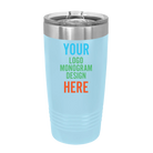 Personalized light blue Polar Camel 20 oz vacuum insulated tumbler with custom UV full color printed logo, monogram, or design, includes sliding lid
