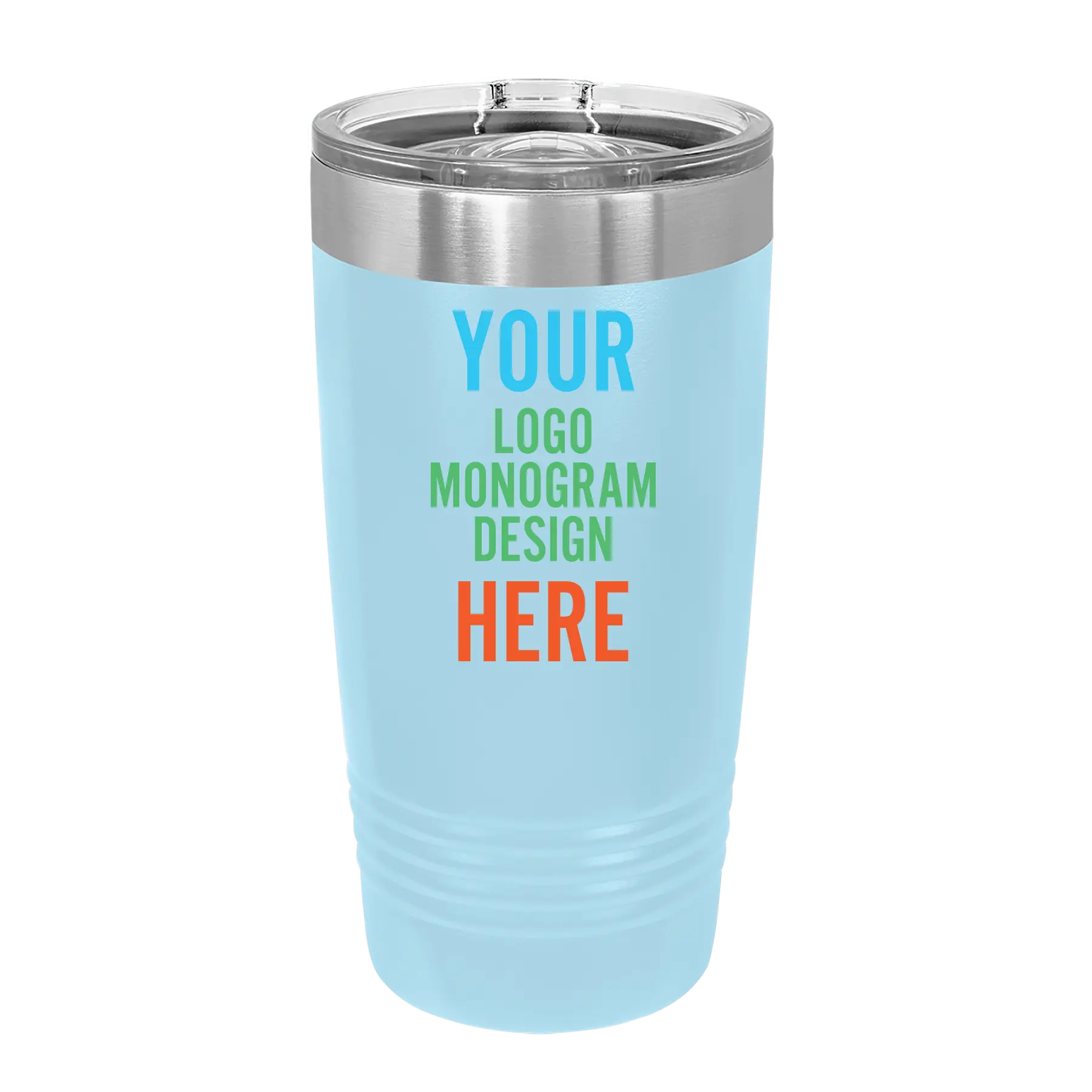 Personalized light blue Polar Camel 20 oz vacuum insulated tumbler with custom UV full color printed logo, monogram, or design, includes sliding lid
