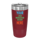 Personalized maroon Polar Camel 20 oz vacuum insulated tumbler with custom UV full color printed logo, monogram, or design, includes sliding lid