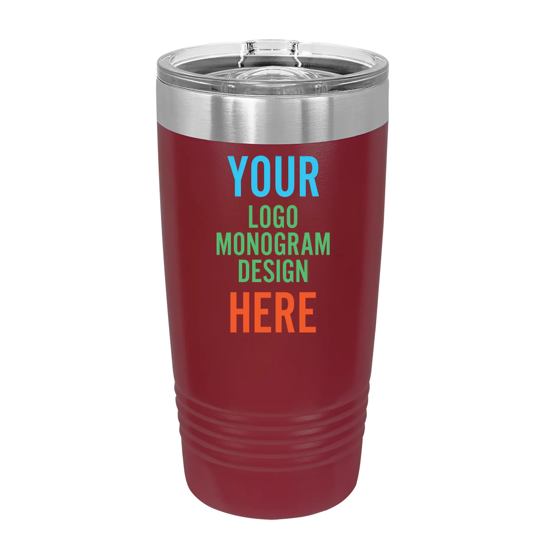 Personalized maroon Polar Camel 20 oz vacuum insulated tumbler with custom UV full color printed logo, monogram, or design, includes sliding lid