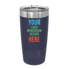 Personalized navy Polar Camel 20 oz vacuum insulated tumbler with custom UV full color printed logo, monogram, or design, includes sliding lid