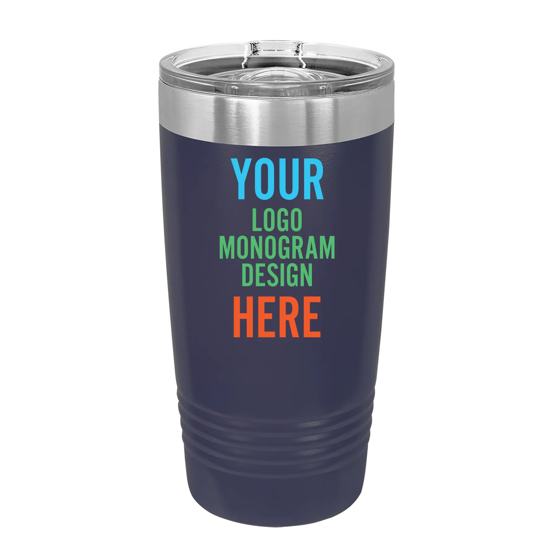 Personalized navy Polar Camel 20 oz vacuum insulated tumbler with custom UV full color printed logo, monogram, or design, includes sliding lid