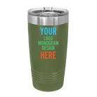 Personalized olive green Polar Camel 20 oz vacuum insulated tumbler with custom UV full color printed logo, monogram, or design, includes sliding lid
