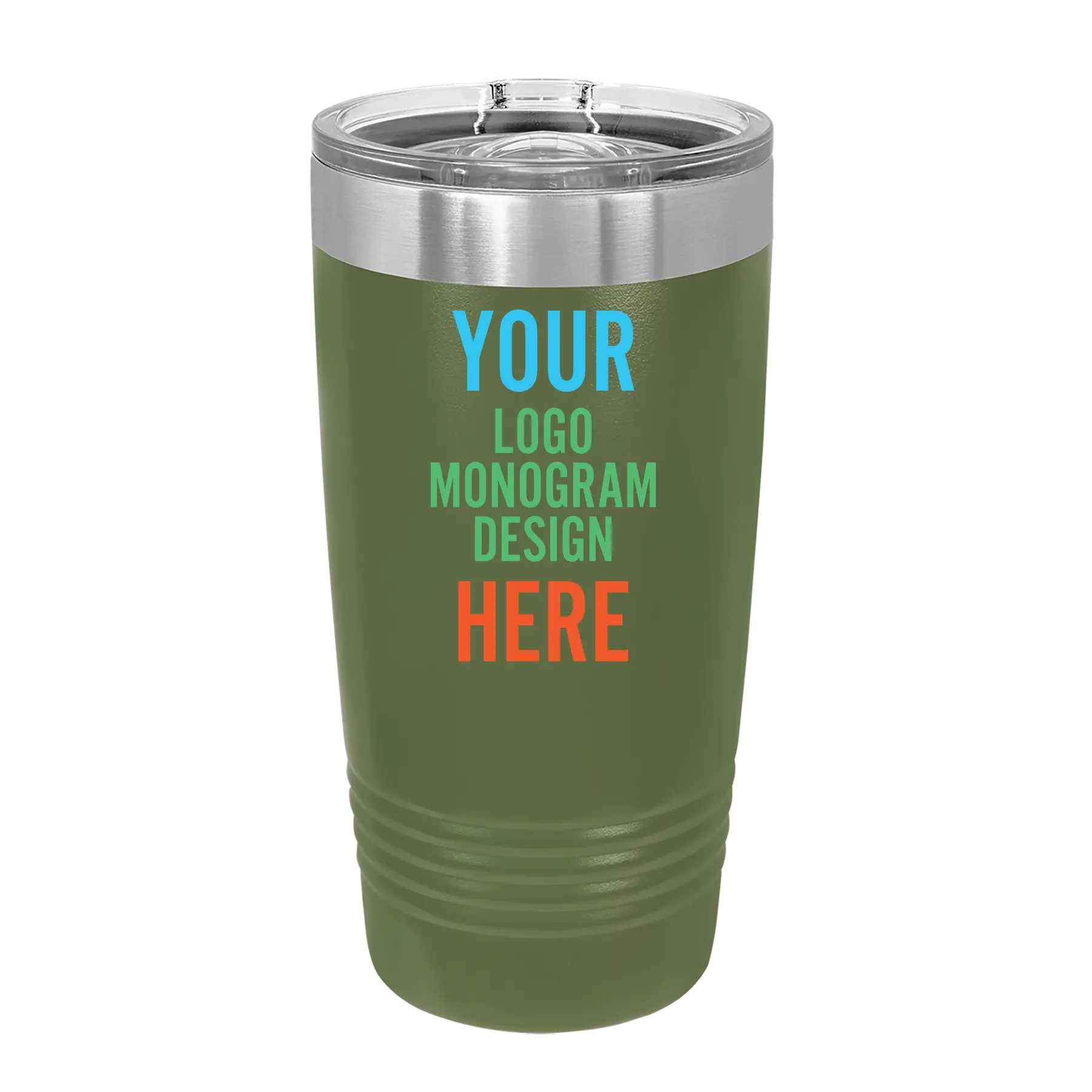 Personalized olive green Polar Camel 20 oz vacuum insulated tumbler with custom UV full color printed logo, monogram, or design, includes sliding lid