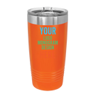 Personalized orange Polar Camel 20 oz vacuum insulated tumbler with custom UV full color printed logo, monogram, or design, includes sliding lid