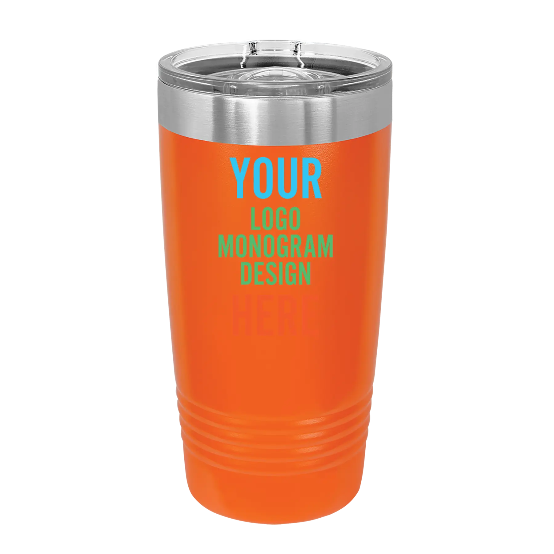 Personalized orange Polar Camel 20 oz vacuum insulated tumbler with custom UV full color printed logo, monogram, or design, includes sliding lid