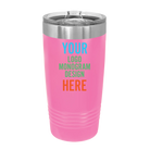 Personalized pink Polar Camel 20 oz vacuum insulated tumbler with custom UV full color printed logo, monogram, or design, includes sliding lid