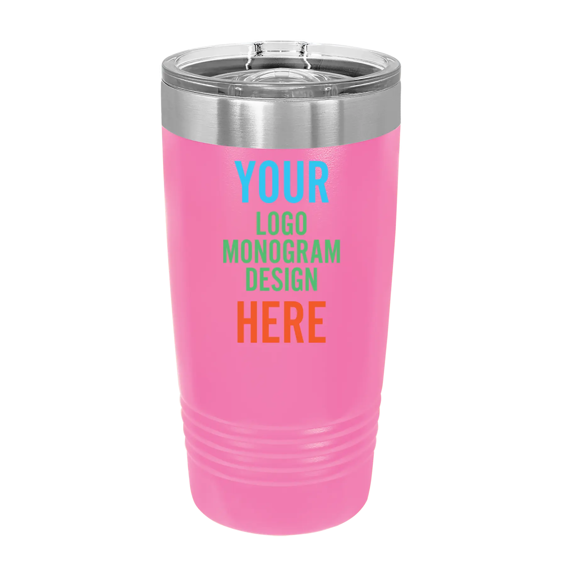 Personalized pink Polar Camel 20 oz vacuum insulated tumbler with custom UV full color printed logo, monogram, or design, includes sliding lid