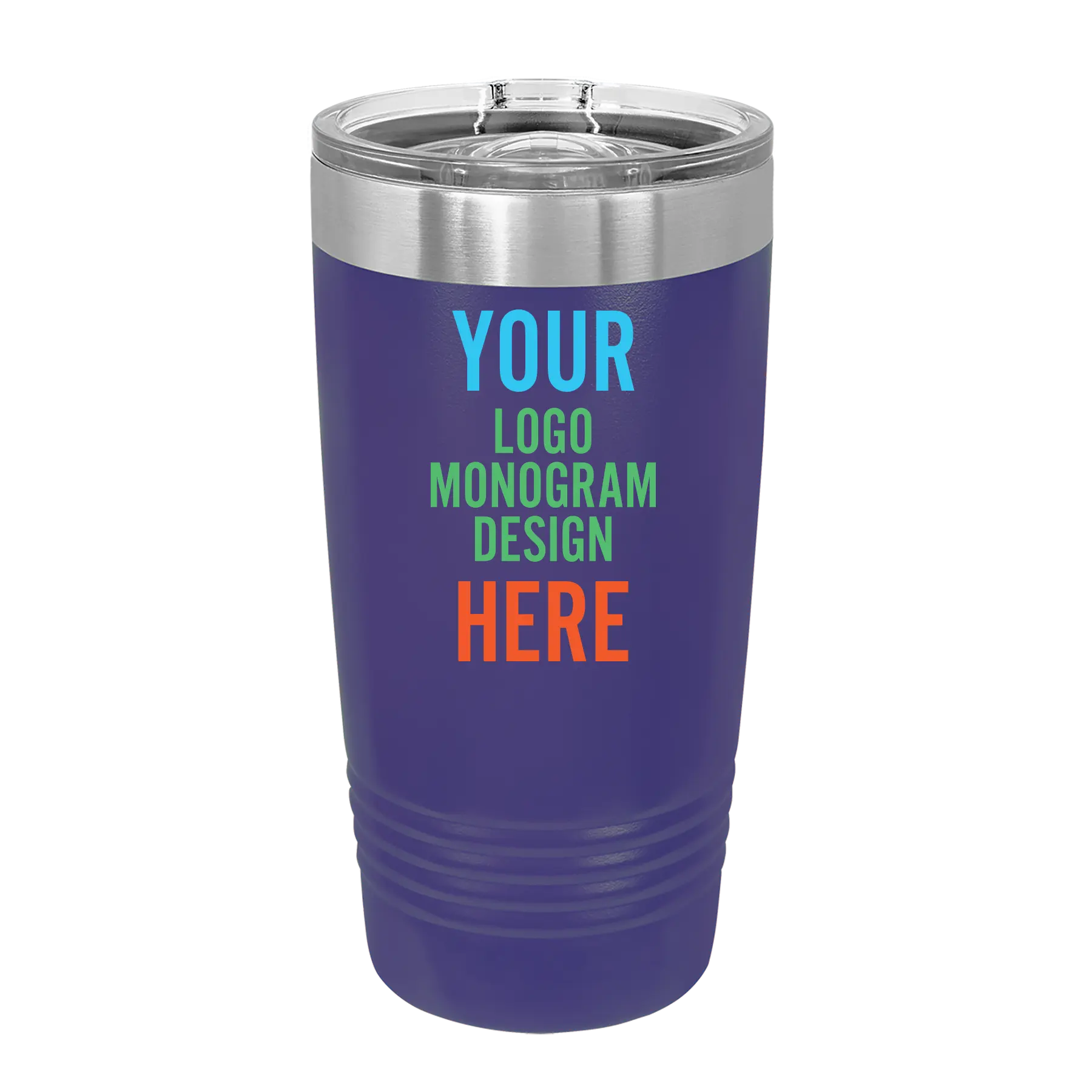 Personalized purple Polar Camel 20 oz vacuum insulated tumbler with custom UV full color printed logo, monogram, or design, includes sliding lid
