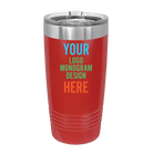 Personalized red Polar Camel 20 oz vacuum insulated tumbler with custom UV full color printed logo, monogram, or design, includes sliding lid