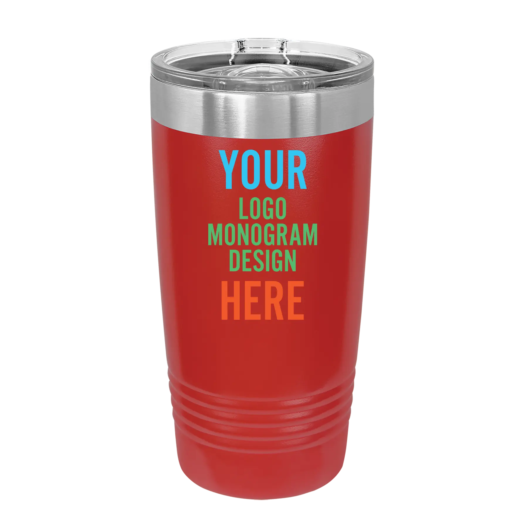 Personalized red Polar Camel 20 oz vacuum insulated tumbler with custom UV full color printed logo, monogram, or design, includes sliding lid
