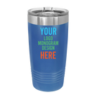 Personalized royal blue Polar Camel 20 oz vacuum insulated tumbler with custom UV full color printed logo, monogram, or design, includes sliding lid