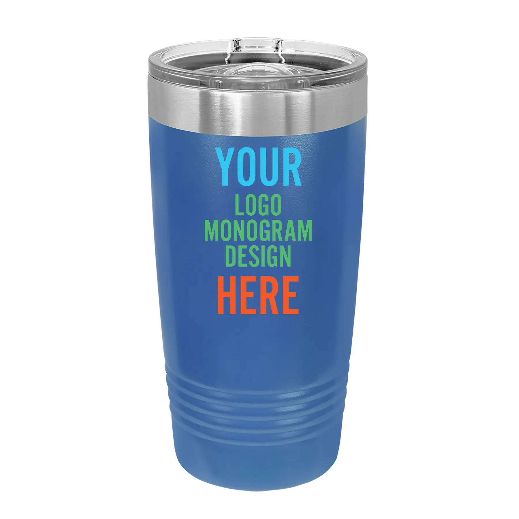 Personalized royal blue Polar Camel 20 oz vacuum insulated tumbler with custom UV full color printed logo, monogram, or design, includes sliding lid