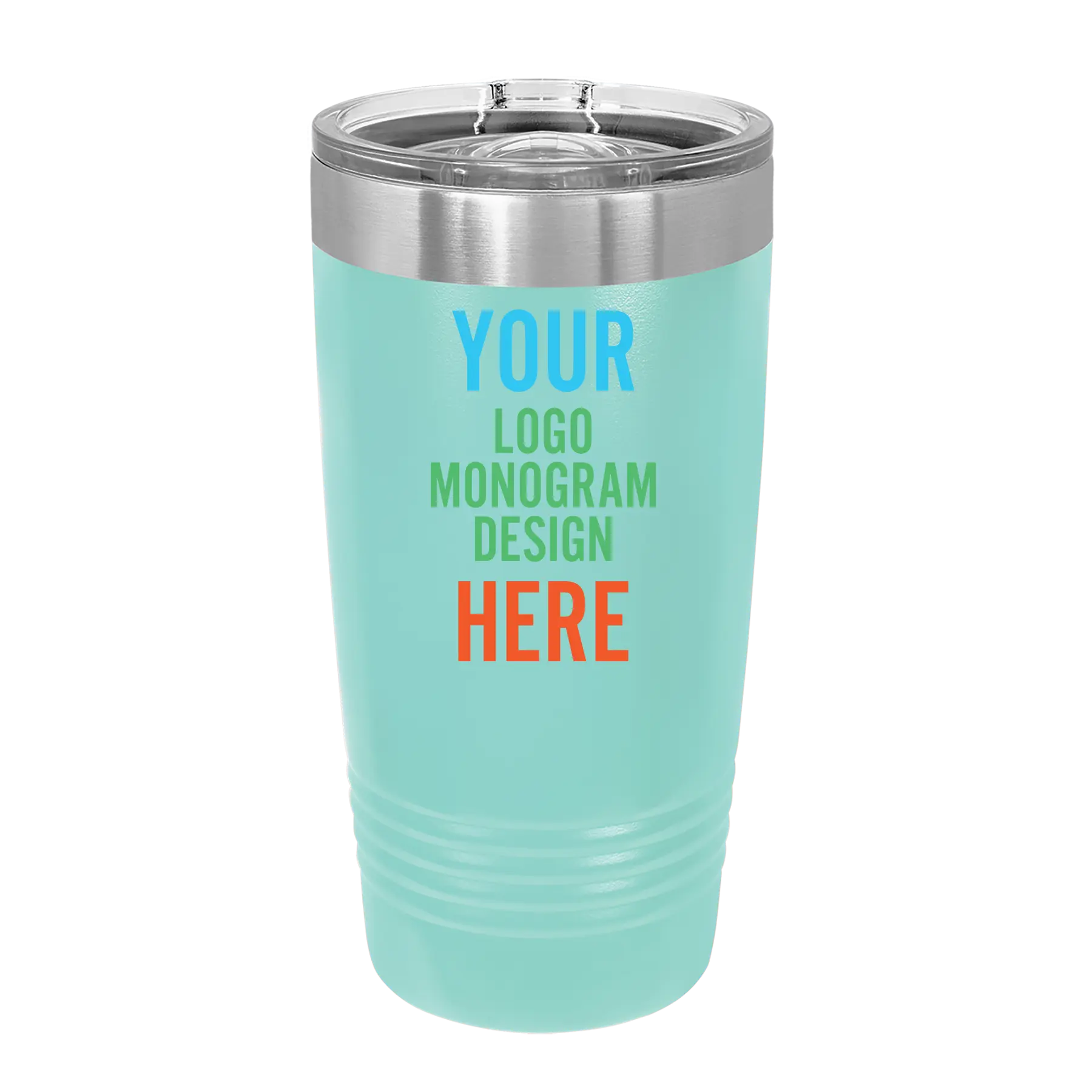Personalized teal Polar Camel 20 oz vacuum insulated tumbler with custom UV full color printed logo, monogram, or design, includes sliding lid