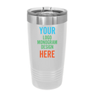 Personalized white Polar Camel 20 oz vacuum insulated tumbler with custom UV full color printed logo, monogram, or design, includes sliding lid