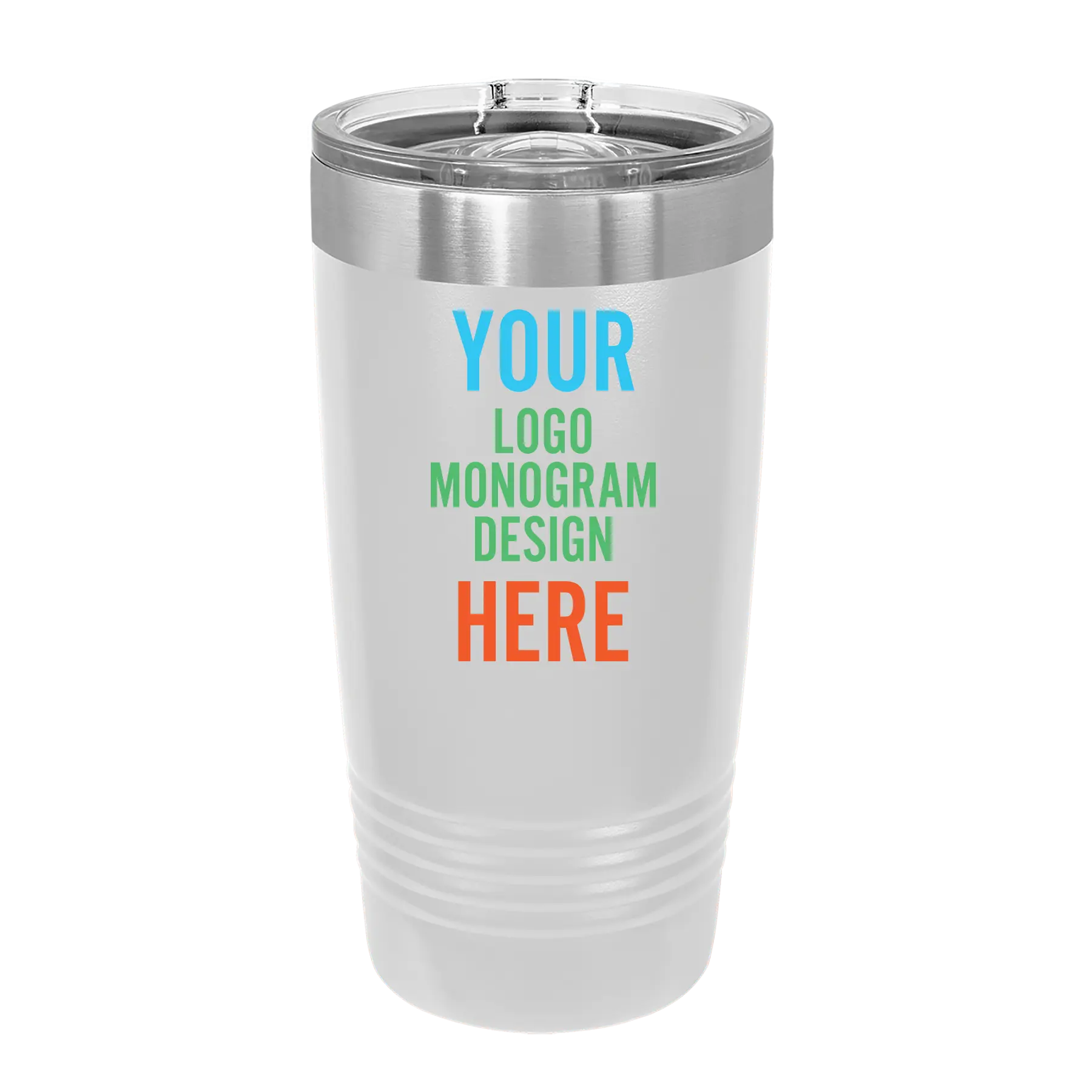 Personalized white Polar Camel 20 oz vacuum insulated tumbler with custom UV full color printed logo, monogram, or design, includes sliding lid