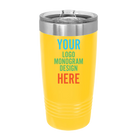 Personalized yellow Polar Camel 20 oz vacuum insulated tumbler with custom UV full color printed logo, monogram, or design, includes sliding lid