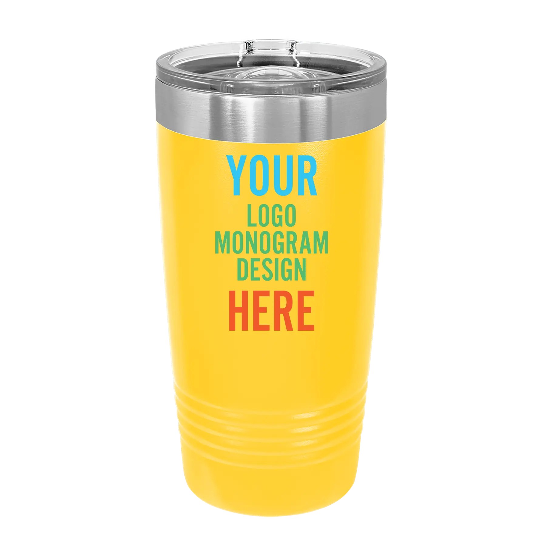Personalized yellow Polar Camel 20 oz vacuum insulated tumbler with custom UV full color printed logo, monogram, or design, includes sliding lid