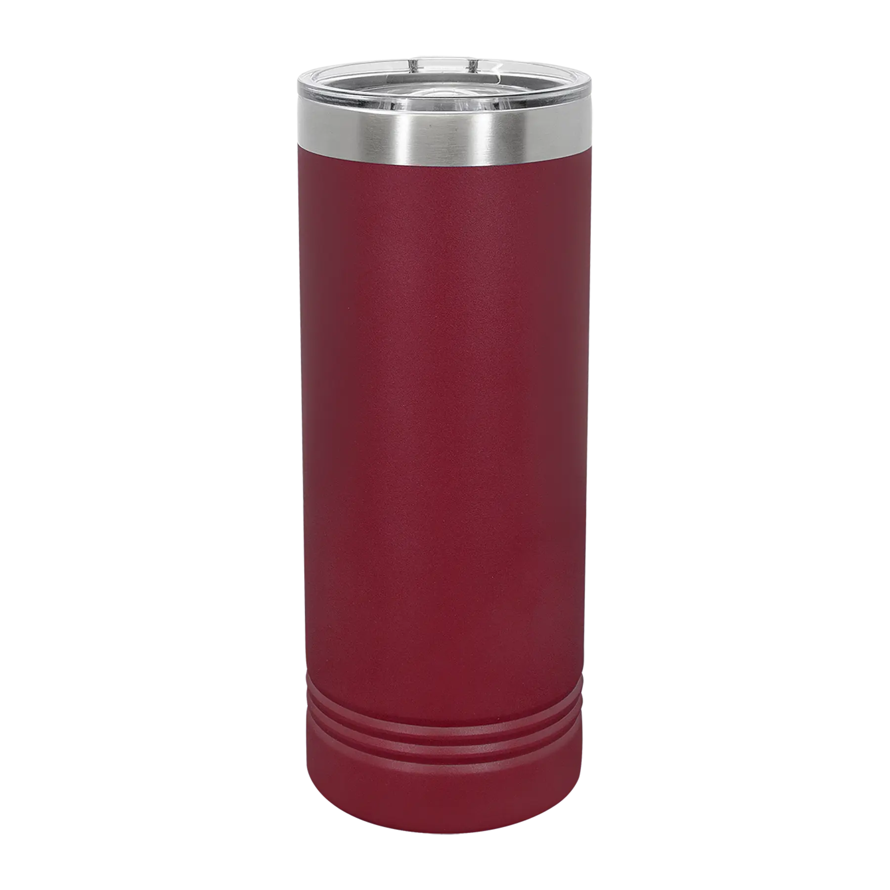 Back of maroon Polar Camel 22 oz insulated skinny tumbler with sliding lid