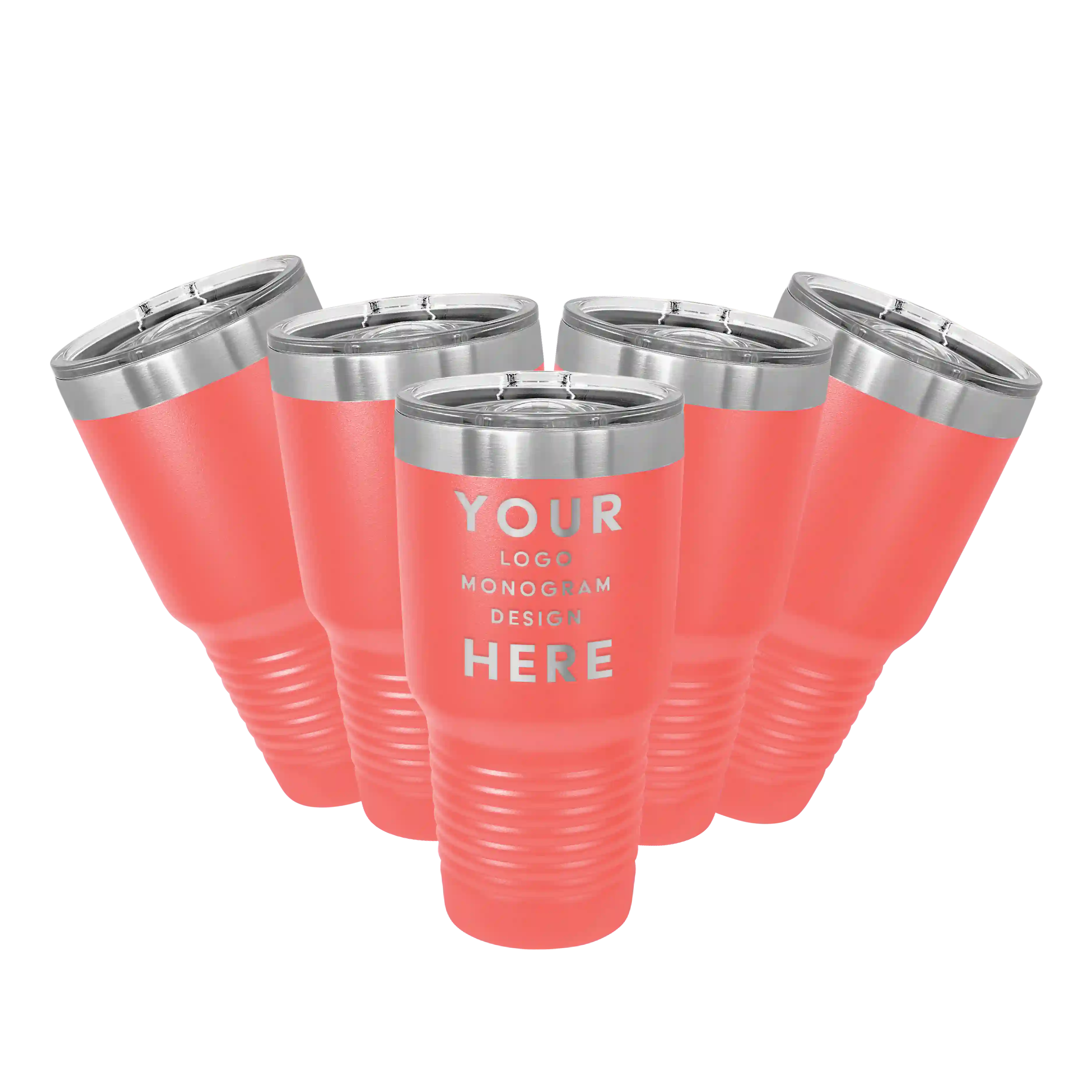 Personalized coral Polar Camel 30 oz vacuum insulated tumbler bundle pack with custom laser engraved logo, monogram, or design, includes sliding lid