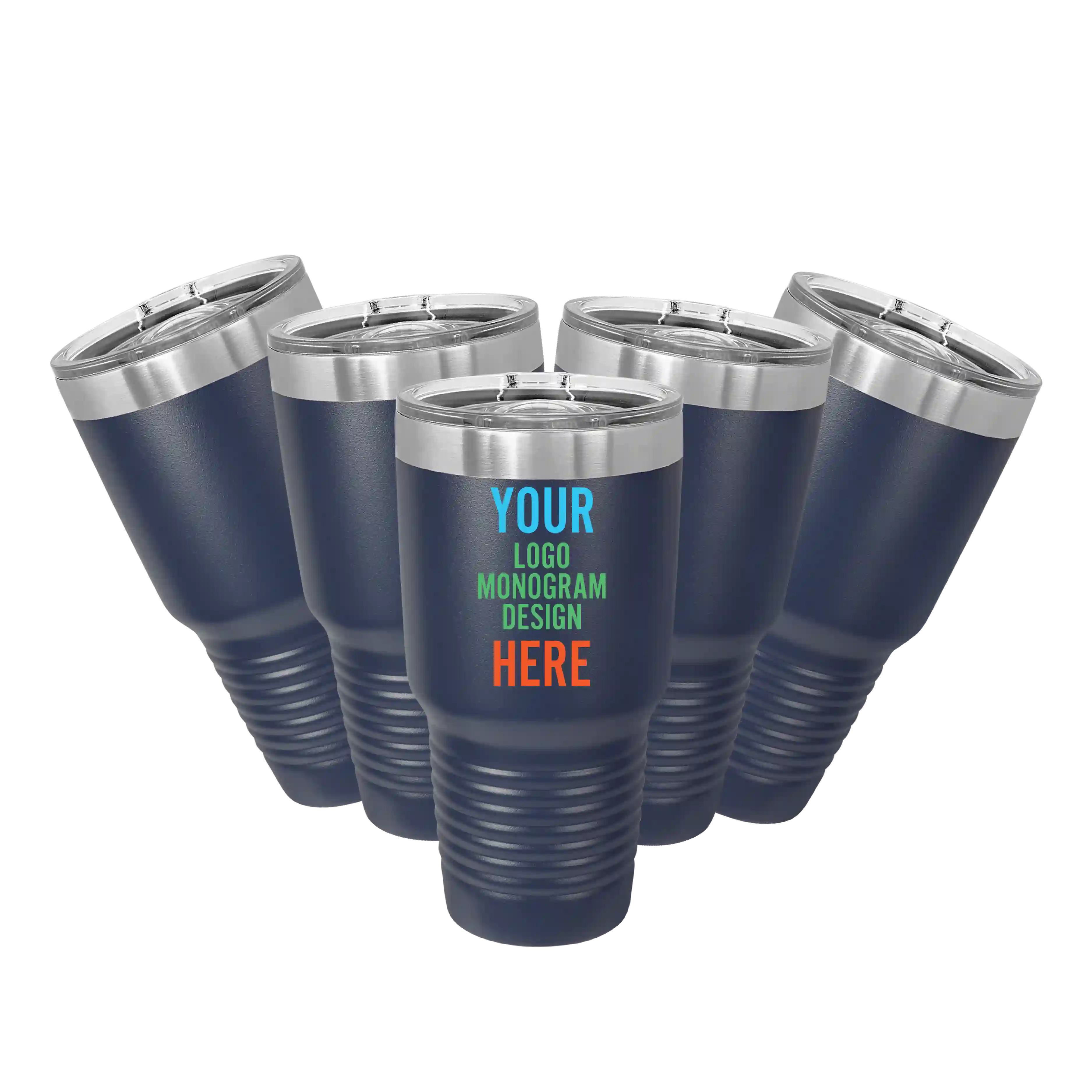 Personalized navy Polar Camel 30 oz vacuum insulated tumbler bundle pack with custom full color printed logo, monogram, or design, includes sliding lid