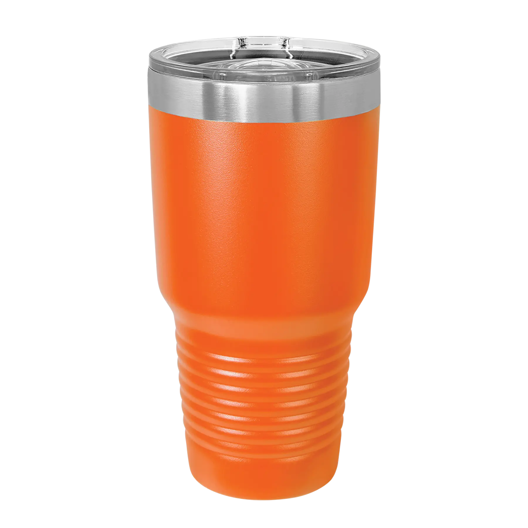 Back of orange Polar Camel 30 oz vacuum insulated tumbler with sliding lid